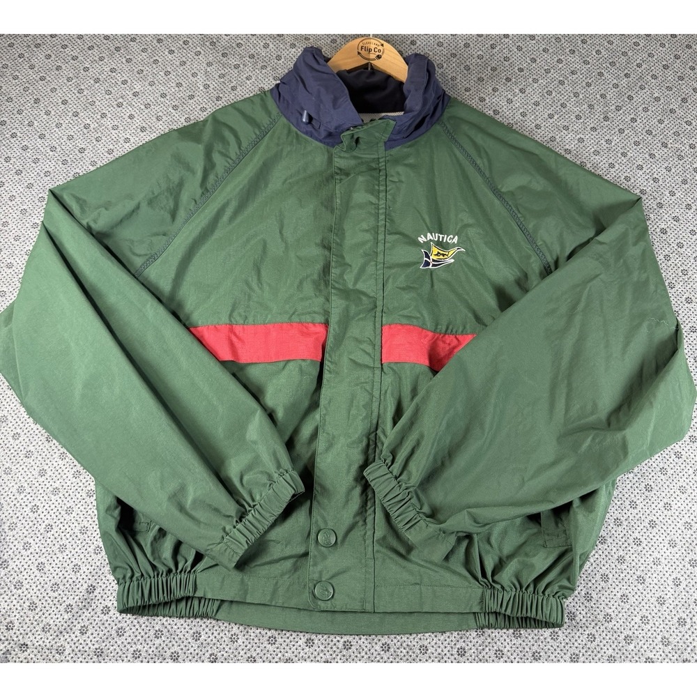 Vintage Nautica Windbreaker Jacket Mens XXL Green Stripped Nautical Sailing 90s
